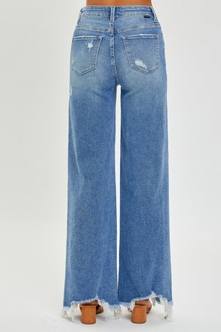 Risen High Rise Frayed Hem Wide Leg Jeans