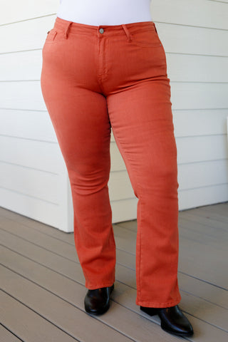 JUDY BLUE Autumn Mid Rise Slim Bootcut Jeans in Terracotta