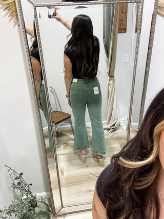 Zenana Acid Wash Crop Jeans in Olive