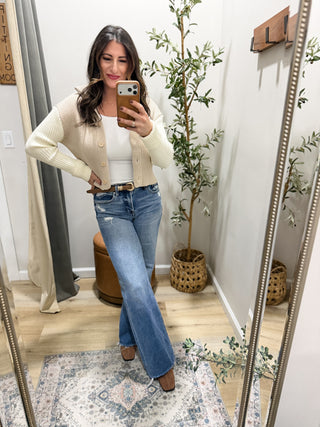 Contrasting Sleeves Button Cardigan