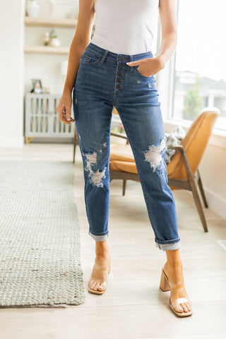 JUDY BLUE Colt High Rise Button Fly Distressed Boyfriend Jeans