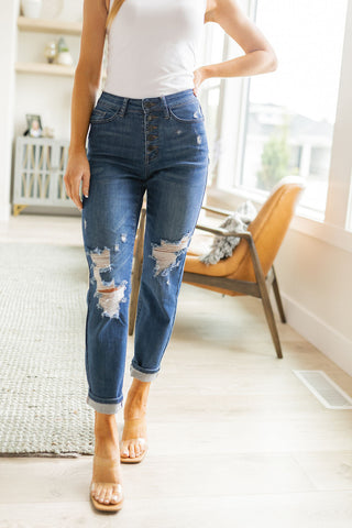 JUDY BLUE Colt High Rise Button Fly Distressed Boyfriend Jeans