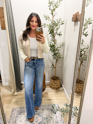 Contrasting Sleeves Button Cardigan