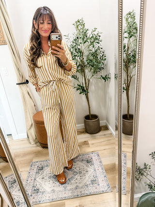 Full Size Striped Puff Sleeve Shirt and Wide-Leg Drawstring Pants Set Plus Size
