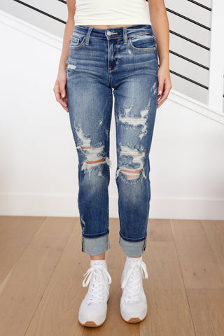 JUDY BLUE Danny Mid Rise Cuffed Destroyed Boyfriend Jeans