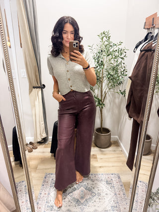 Stretch faux leather wide pants