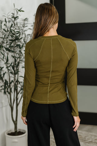Effortless Edge Knit Henley Top in Camo Green