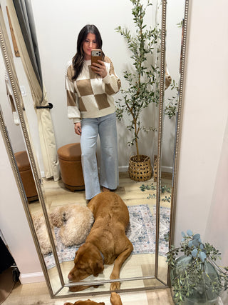 Ribbed Color Block Checkered Plaid Sweater