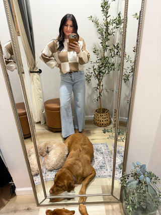 Ribbed Color Block Checkered Plaid Sweater