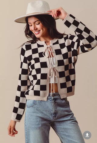 Tie Front Checkered Cardigan