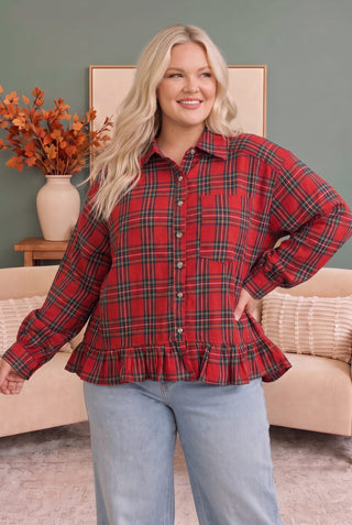 Ruffle the Rules Plaid Flannel Top in Red
