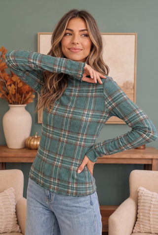 Plaid About You Mock Neck in Hunter Green