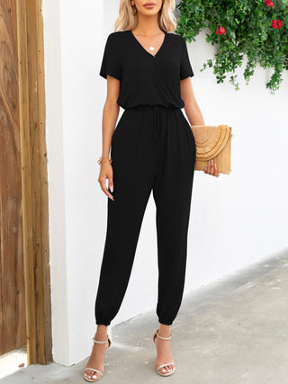 Short Sleeve V Neck Jumpsuit with Pockets