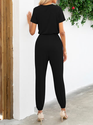 Short Sleeve V Neck Jumpsuit with Pockets