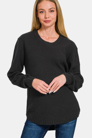 Round Neck Long Sleeve Curved Hem Sweater in Black