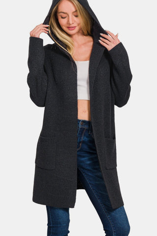 Hooded Open Front Cardigan with Pockets