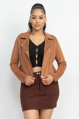 Feeling Good Faux Suede Moto Jacket Cognac