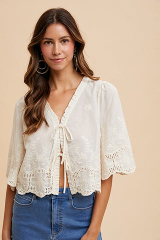 Twisted Heart Eyelet Tie Blouse