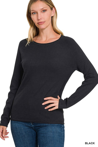 Round Neck Rolled Hem Sweater Black