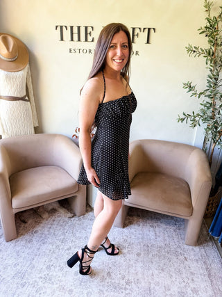 Pretty In Polka Dots Halter Dress Black