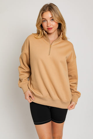 Cute But Casual Half Zip Sweatshirt Tan