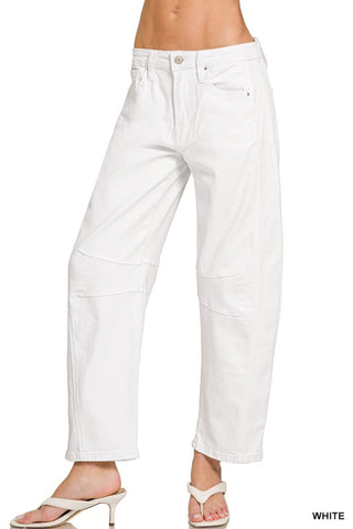 Zenana High Rise Barrel-Leg Cropped Jeans Ivory