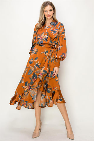 Wanderlust Satin Wrap Dress Rust