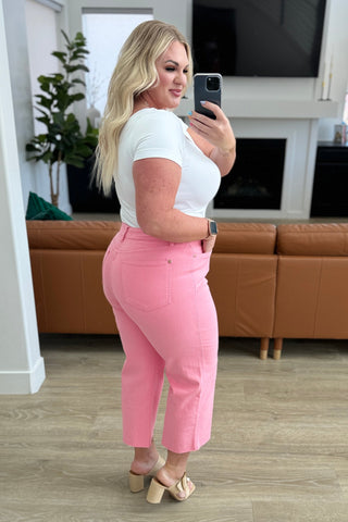 judy Blue Lisa High Rise Control Top Wide Leg Crop Jeans in Pink