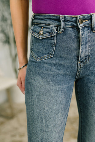 Judy Blue Jackie Mid Rise Flare Jean with Front Flap Pockets
