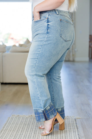 JUDY BLUE Miranda High Rise Plaid Cuff Vintage Straight Jeans