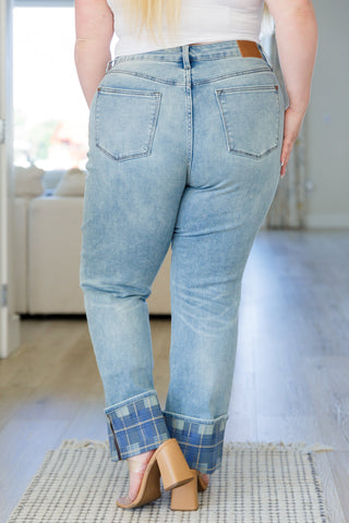 JUDY BLUE Miranda High Rise Plaid Cuff Vintage Straight Jeans