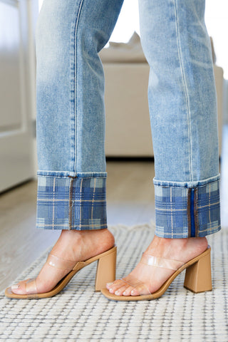 JUDY BLUE Miranda High Rise Plaid Cuff Vintage Straight Jeans