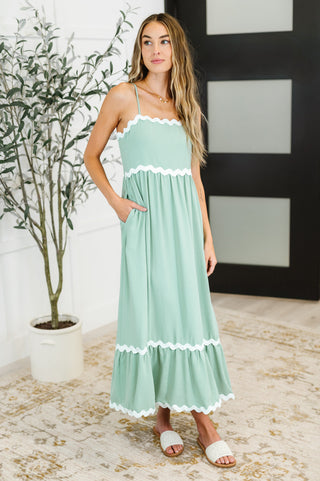 Ripple Effect Spaghetti Strap Dress in Sage