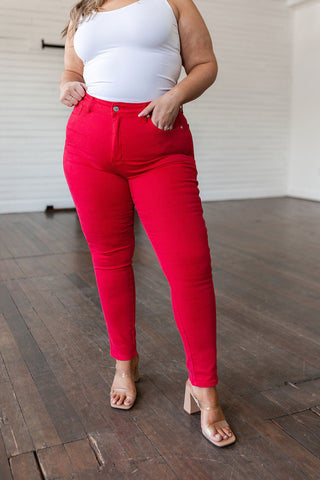 JUDY BLUE Ruby High Rise Control Top Garment Dyed Skinny Jeans in Red