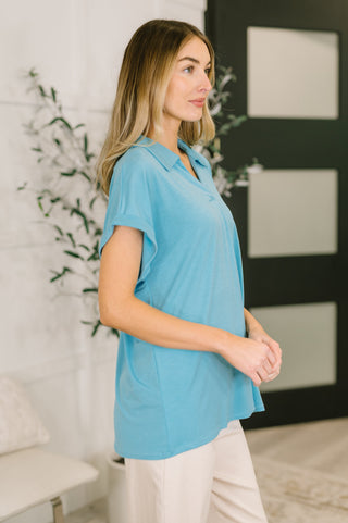 Sea You Soon Collared Top in Costal Blue