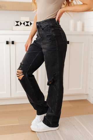 JUDY BLUE Susannah High Rise Rigid Magic 90's Distressed Straight Jeans in Black