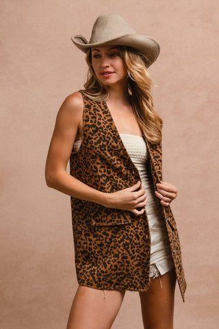 Leopard Button Up Denim Vest