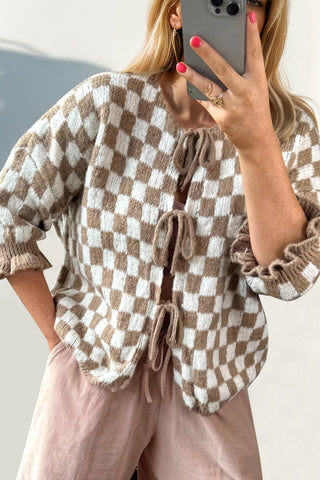 PREORDER Tied Checkered Dropped Shoulder Flounce Sleeve Cardigan 6 colors