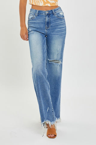 Risen High Rise Frayed Hem Wide Leg Jeans