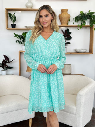 PREORDER Printed Ruched V-Neck Long Sleeve Dress