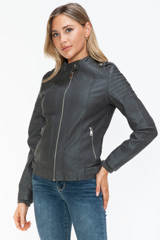 PU Leather Biker Jacket with Side Zip Pockets