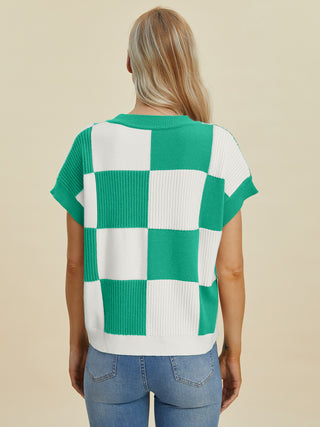 PREORDER Checkered Round Neck Short Sleeve Sweater 4 Colors