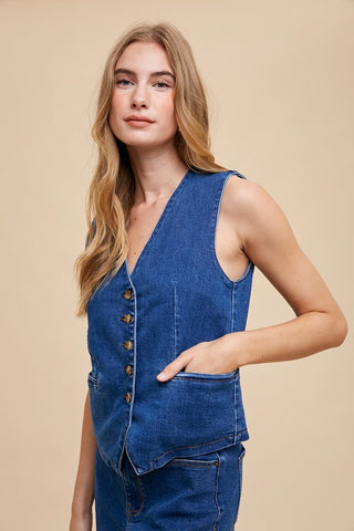 Button Down V-Neck Denim Vest