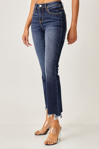 Risen Frayed Hem Cropped Straight Jeans