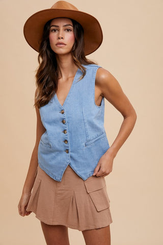 Button Down V-Neck Denim Vest