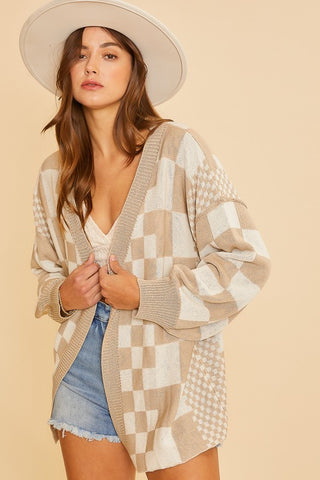 Checkered Open Front Drop Shoulder Cardigan