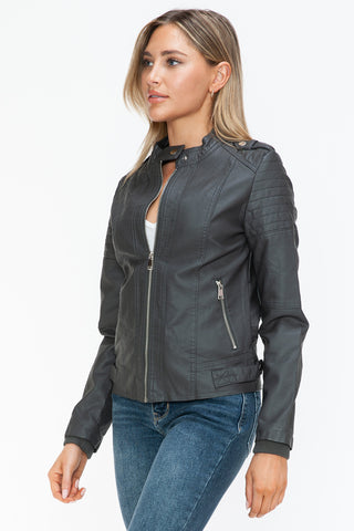 PU Leather Biker Jacket with Side Zip Pockets