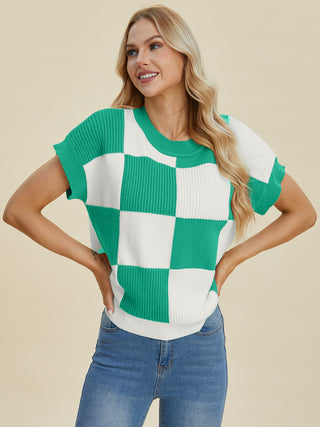 PREORDER Checkered Round Neck Short Sleeve Sweater 4 Colors