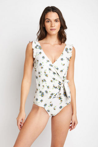 Swim Float On Ruffle Faux Wrap One-Piece in Daisy Cream