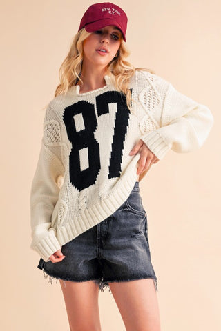 Contrast Number Cable Knit Drop Shoulder Sweater